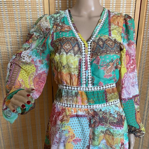 Floral & Paisley Print Guipure Lace Insert Plunging Neck Dress Medium - Picture 5 of 10